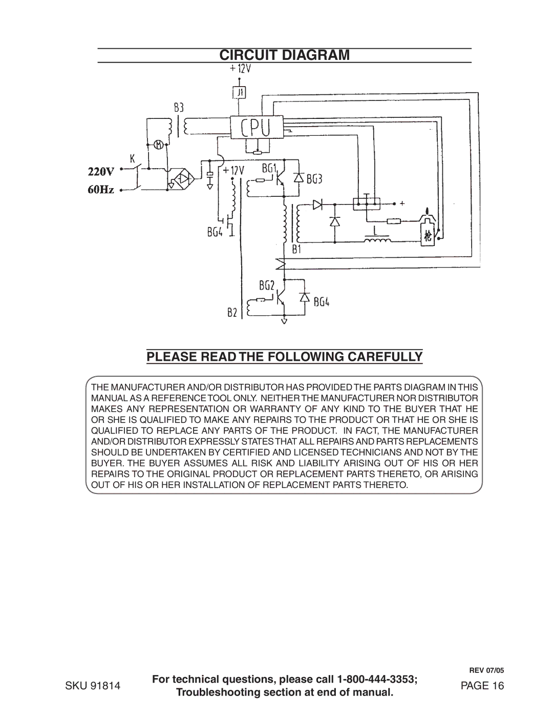 Chicago Electric 91814 operating instructions Circuit Diagram, Please Read the Following Carefully 