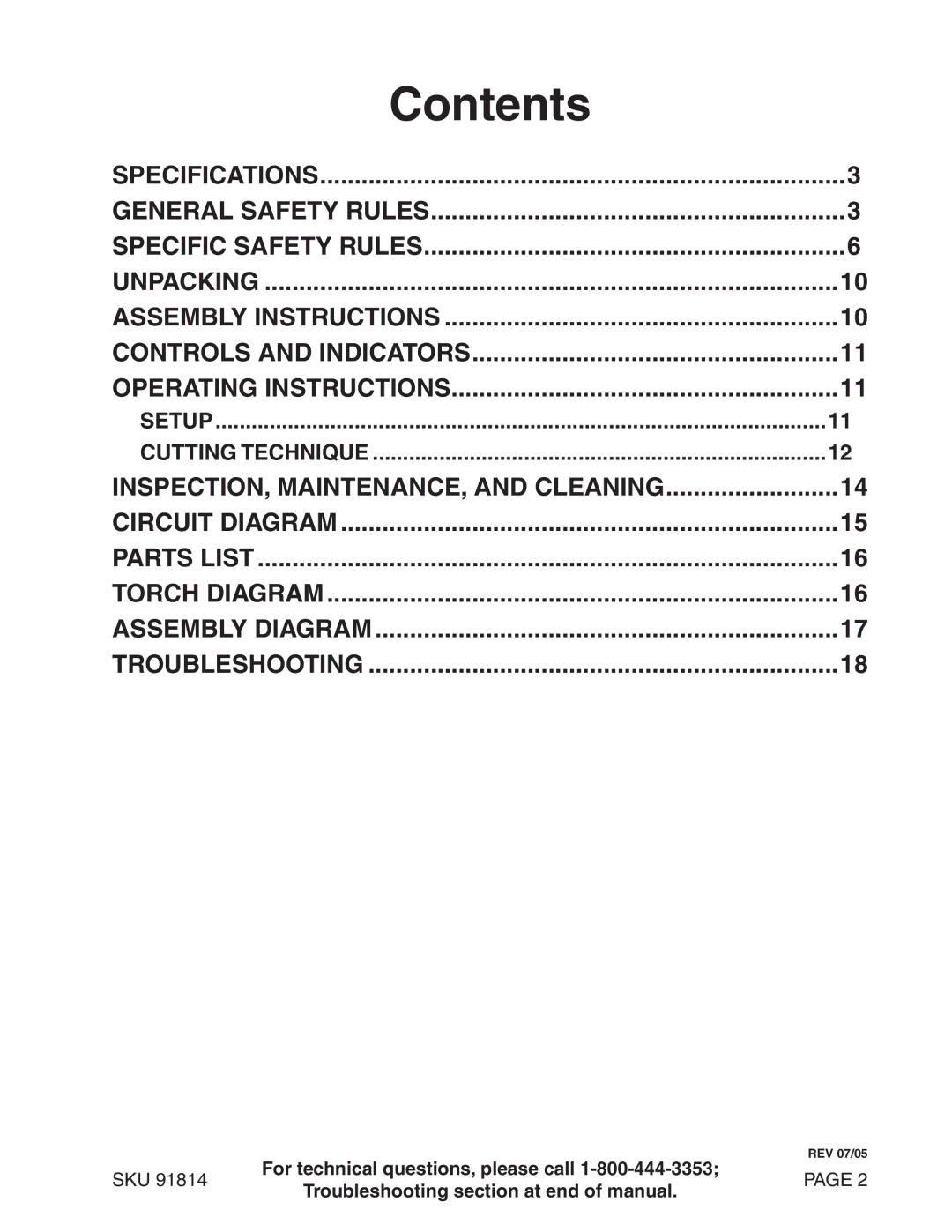 Chicago Electric 91814 operating instructions Contents 