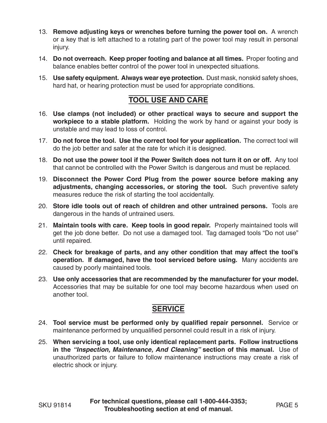 Chicago Electric 91814 operating instructions Tool Use and Care, Service 