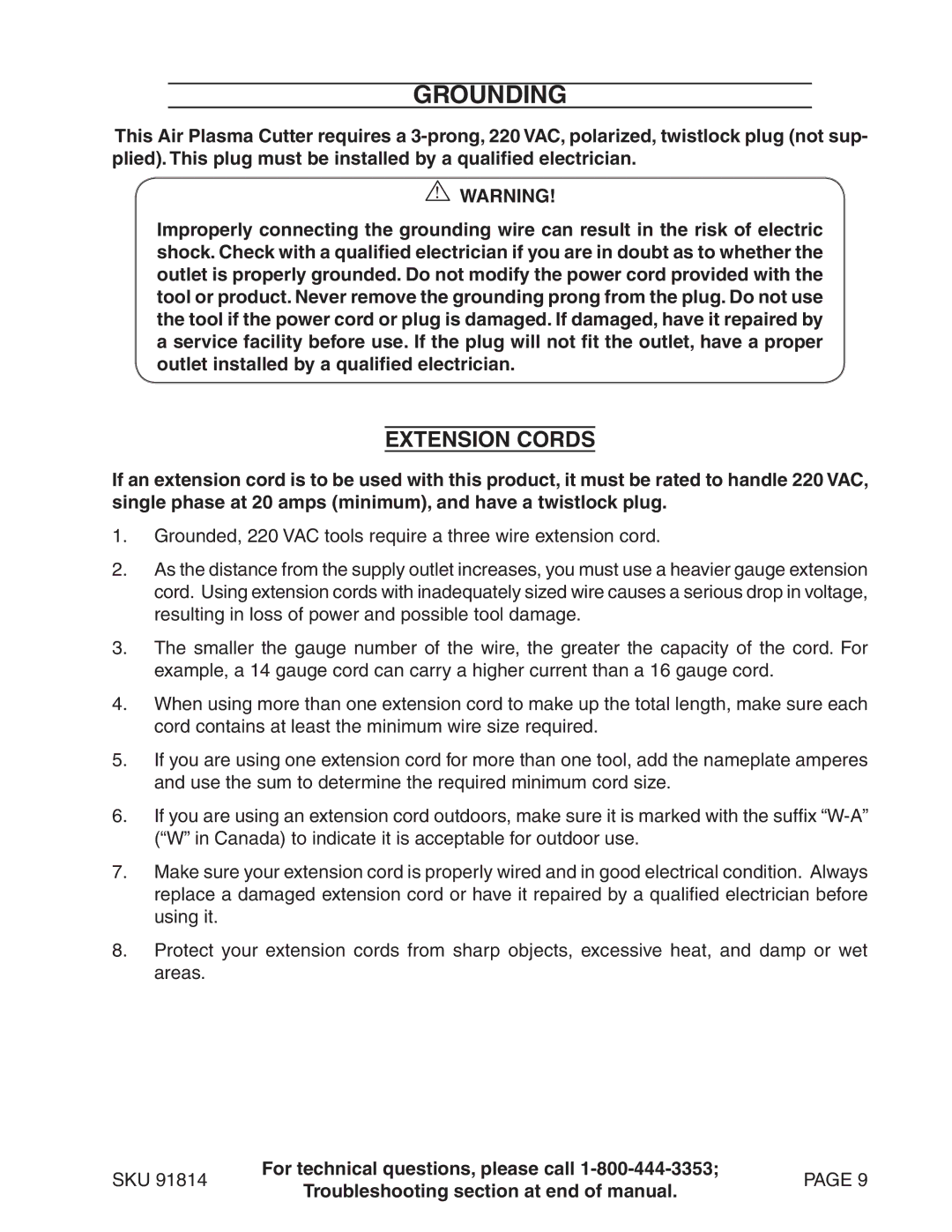 Chicago Electric 91814 operating instructions Grounding, Extension Cords 