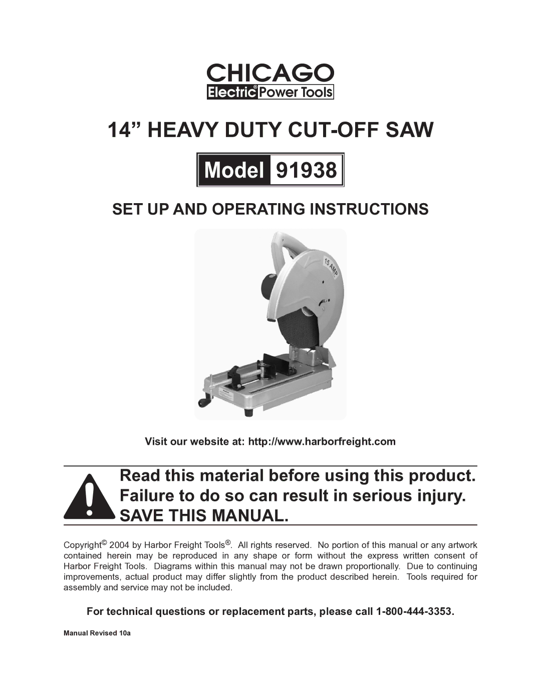 Chicago Electric 91938 operating instructions Model, For technical questions or replacement parts, please call 