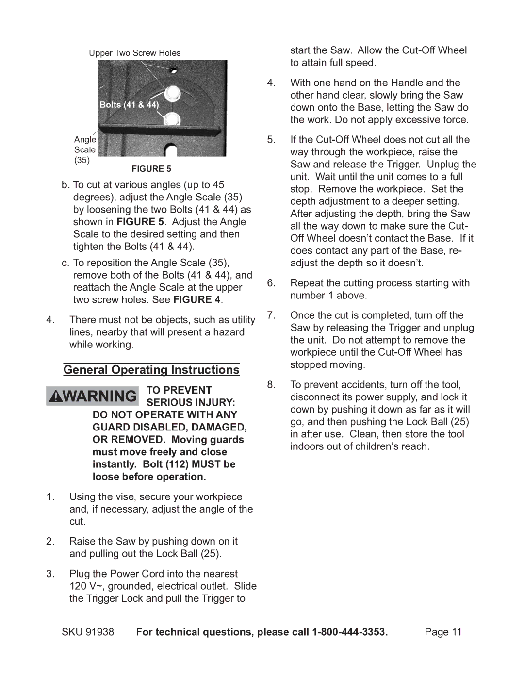 Chicago Electric 91938 operating instructions General Operating Instructions, SKU For technical questions, please call 