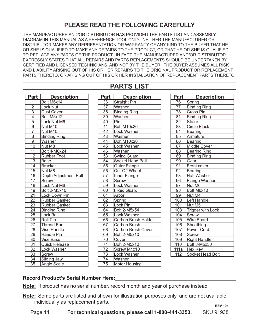 Chicago Electric 91938 operating instructions Parts List, Part Description 