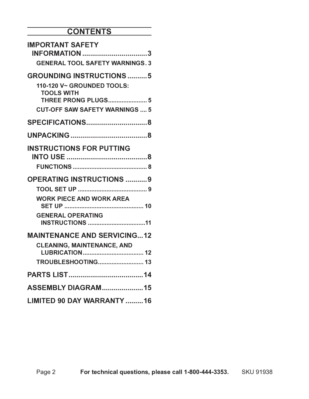 Chicago Electric 91938 operating instructions Contents 