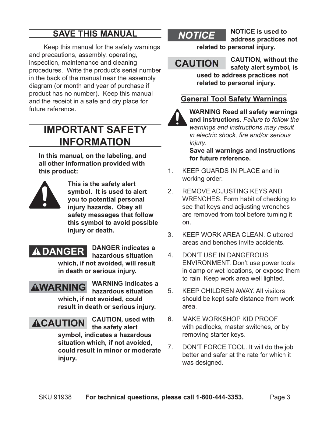 Chicago Electric 91938 operating instructions Save This Manual, General Tool Safety Warnings 