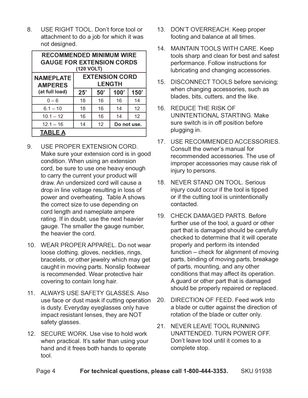 Chicago Electric 91938 operating instructions 25’ 50’ 100’ 150’, Table a 