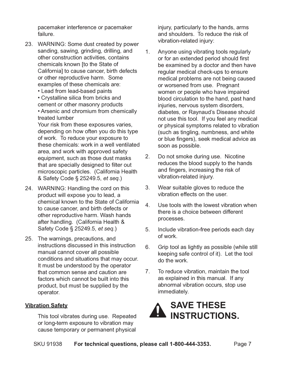 Chicago Electric 91938 operating instructions Vibration Safety 