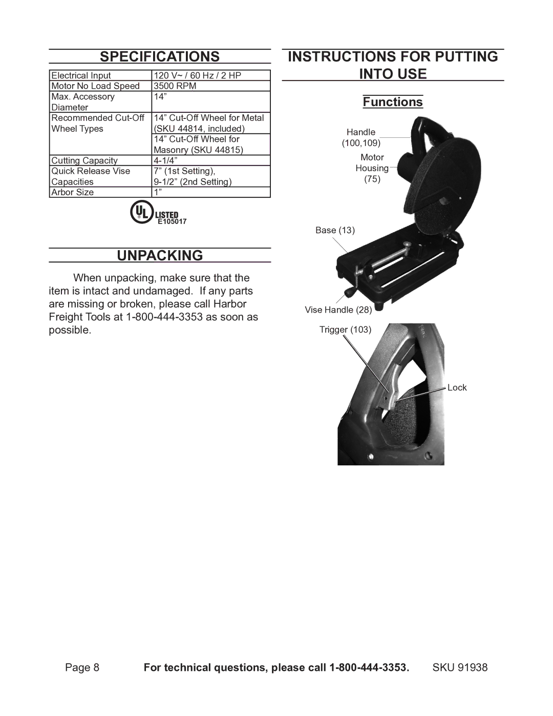 Chicago Electric 91938 operating instructions Specifications, Unpacking, Instructions for putting Into use, Functions 