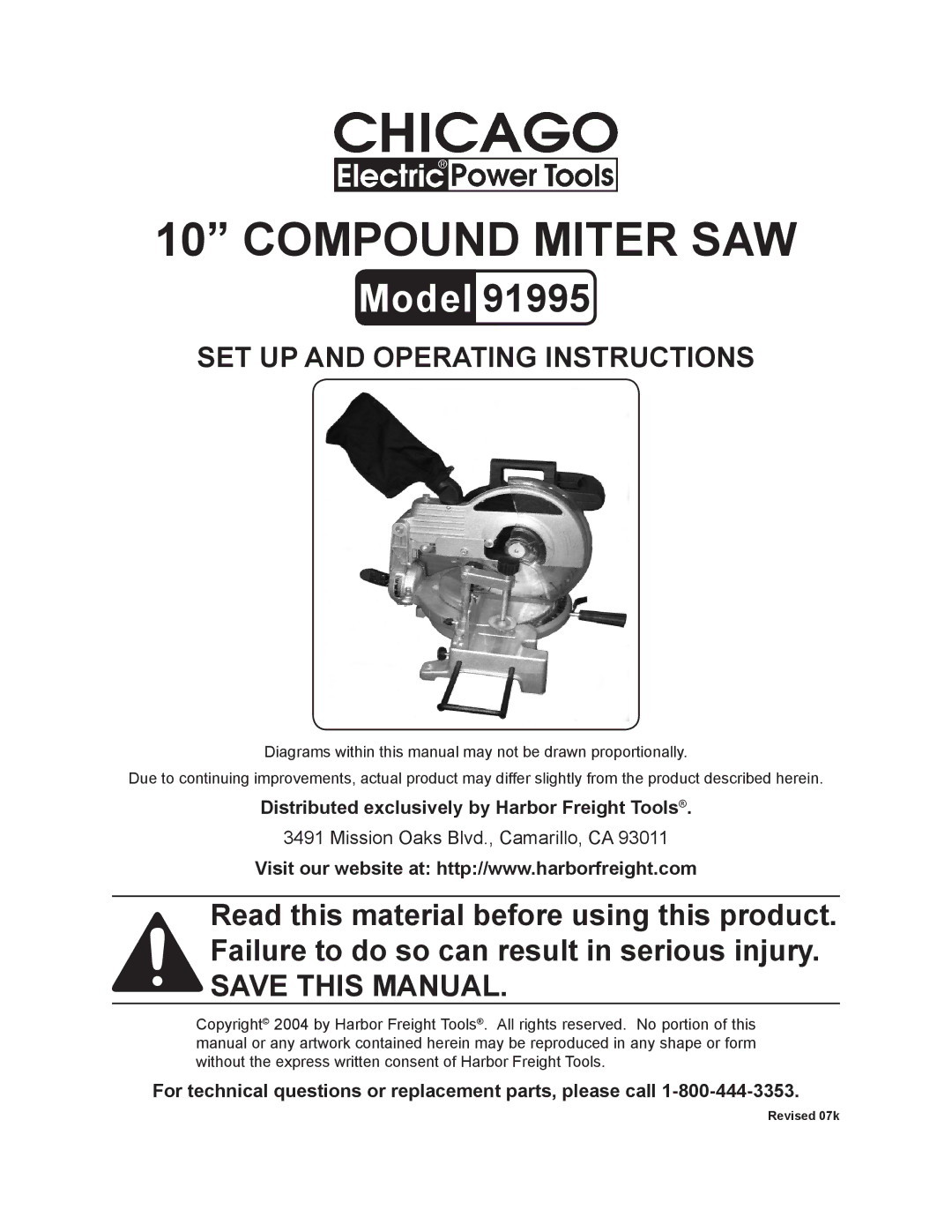 Chicago Electric 91995 operating instructions Distributed exclusively by Harbor Freight Tools 