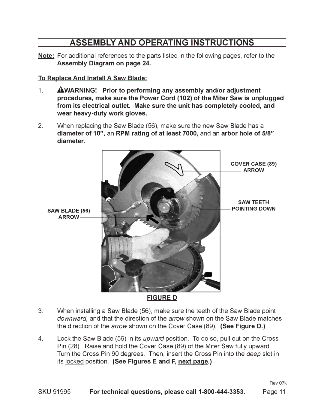 Chicago Electric 91995 Assembly and Operating Instructions, Assembly Diagram on To Replace And Install a Saw Blade 