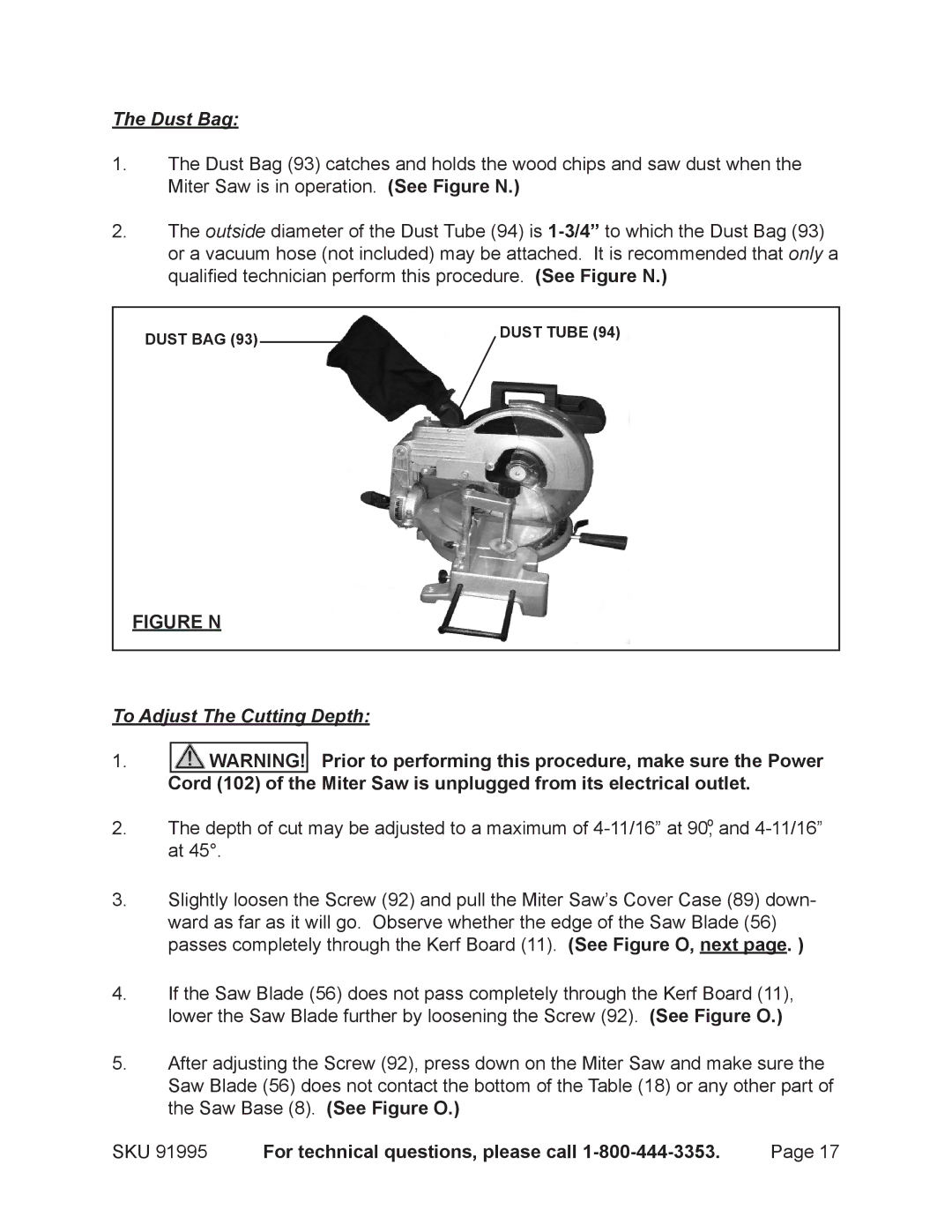 Chicago Electric 91995 operating instructions Dust Bag, To Adjust The Cutting Depth 