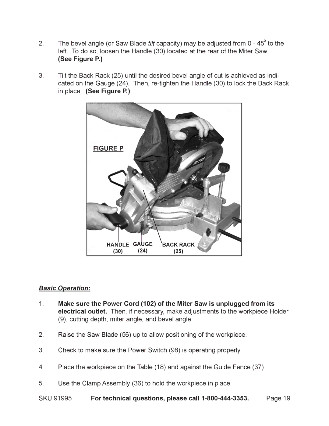 Chicago Electric 91995 operating instructions See Figure P, Basic Operation 