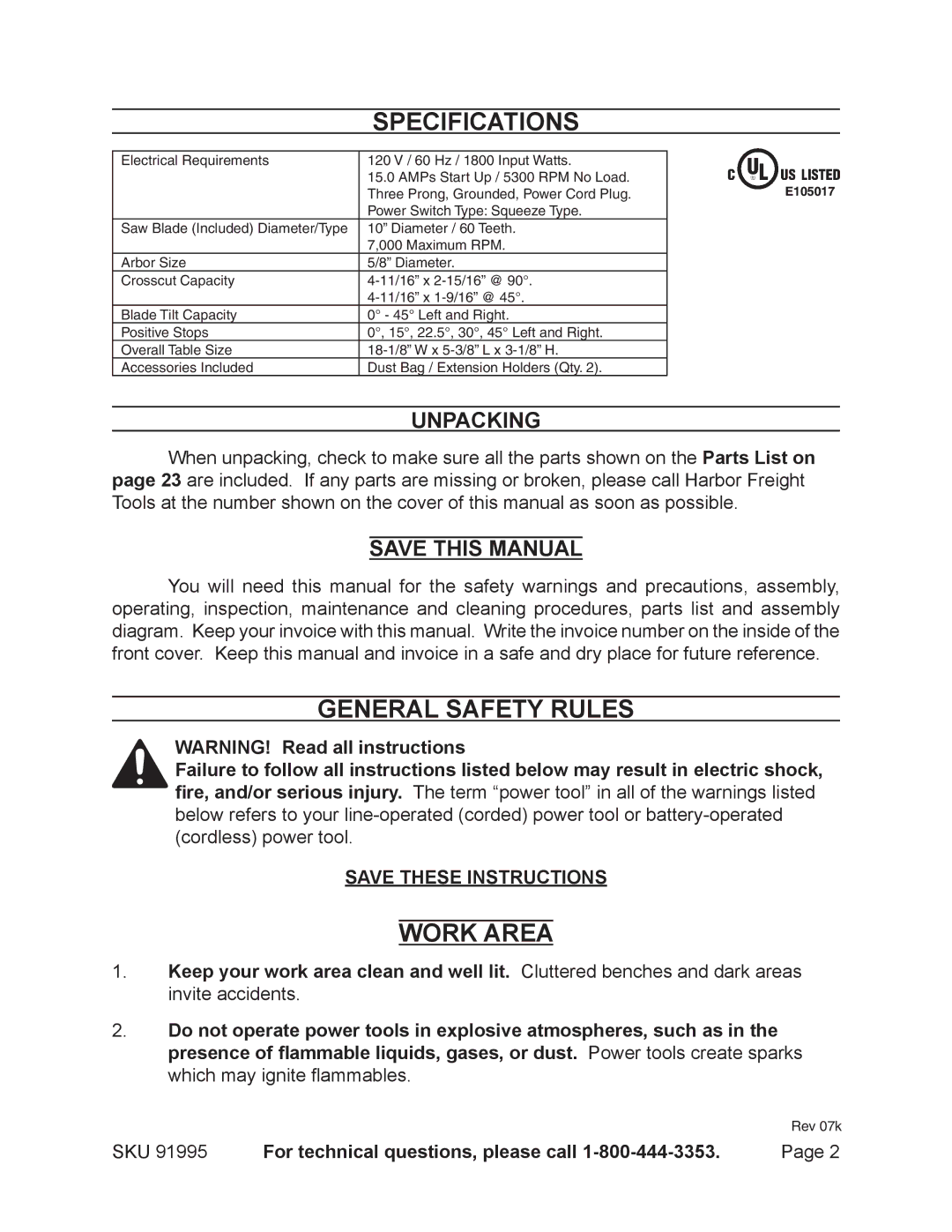 Chicago Electric 91995 operating instructions Specifications, General Safety Rules, Work Area, Unpacking, Save this Manual 