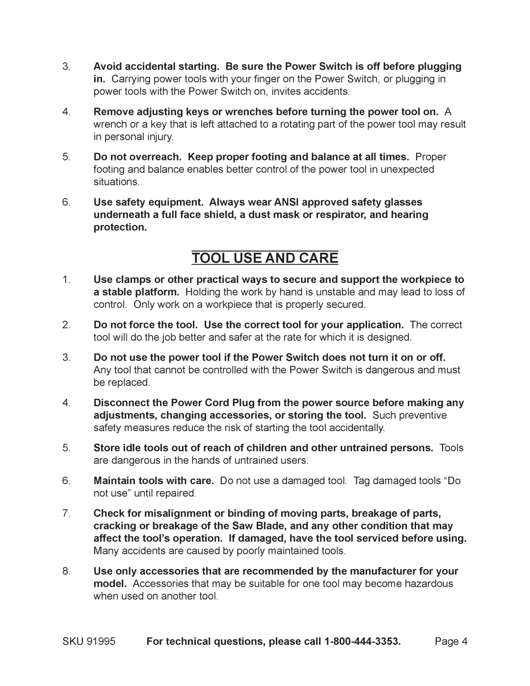 Chicago Electric 91995 operating instructions Tool USE and Care 