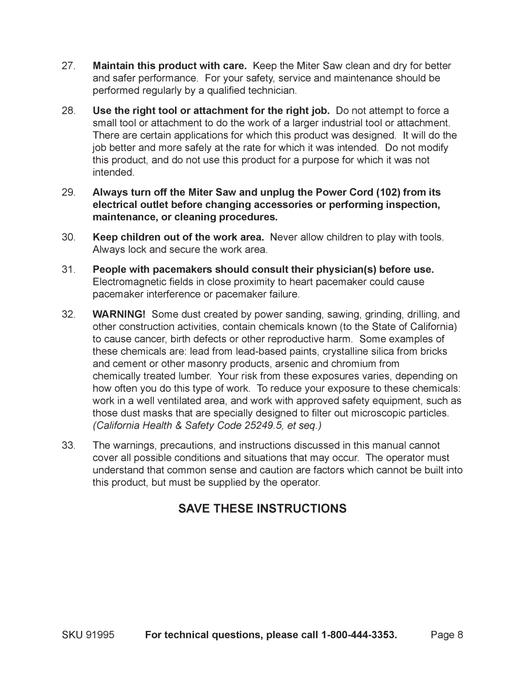 Chicago Electric 91995 operating instructions California Health & Safety Code 25249.5, et seq 