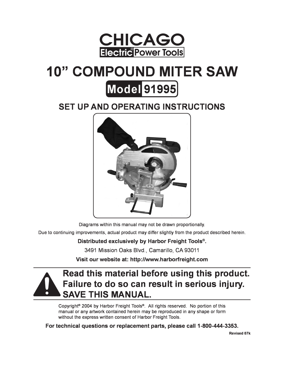 Chicago Electric 91995 operating instructions Distributed exclusively by Harbor Freight Tools, 10” COMPOUND MITER SAW 