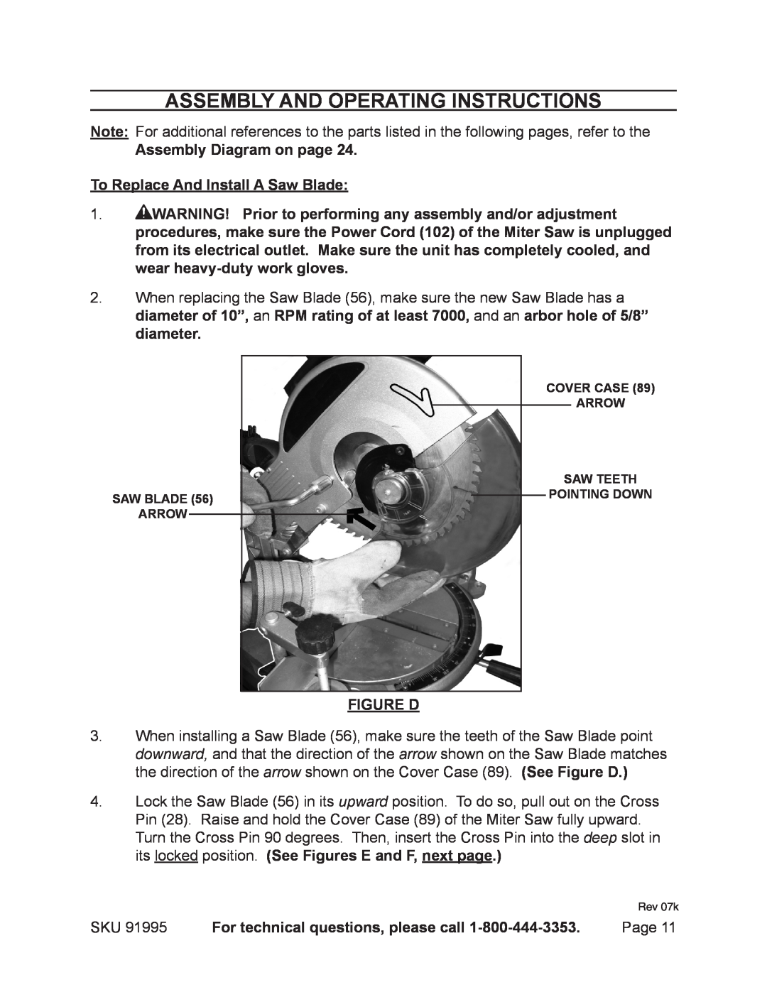 Chicago Electric 91995 Assembly And Operating Instructions, Assembly Diagram on page, To Replace And Install A Saw Blade 