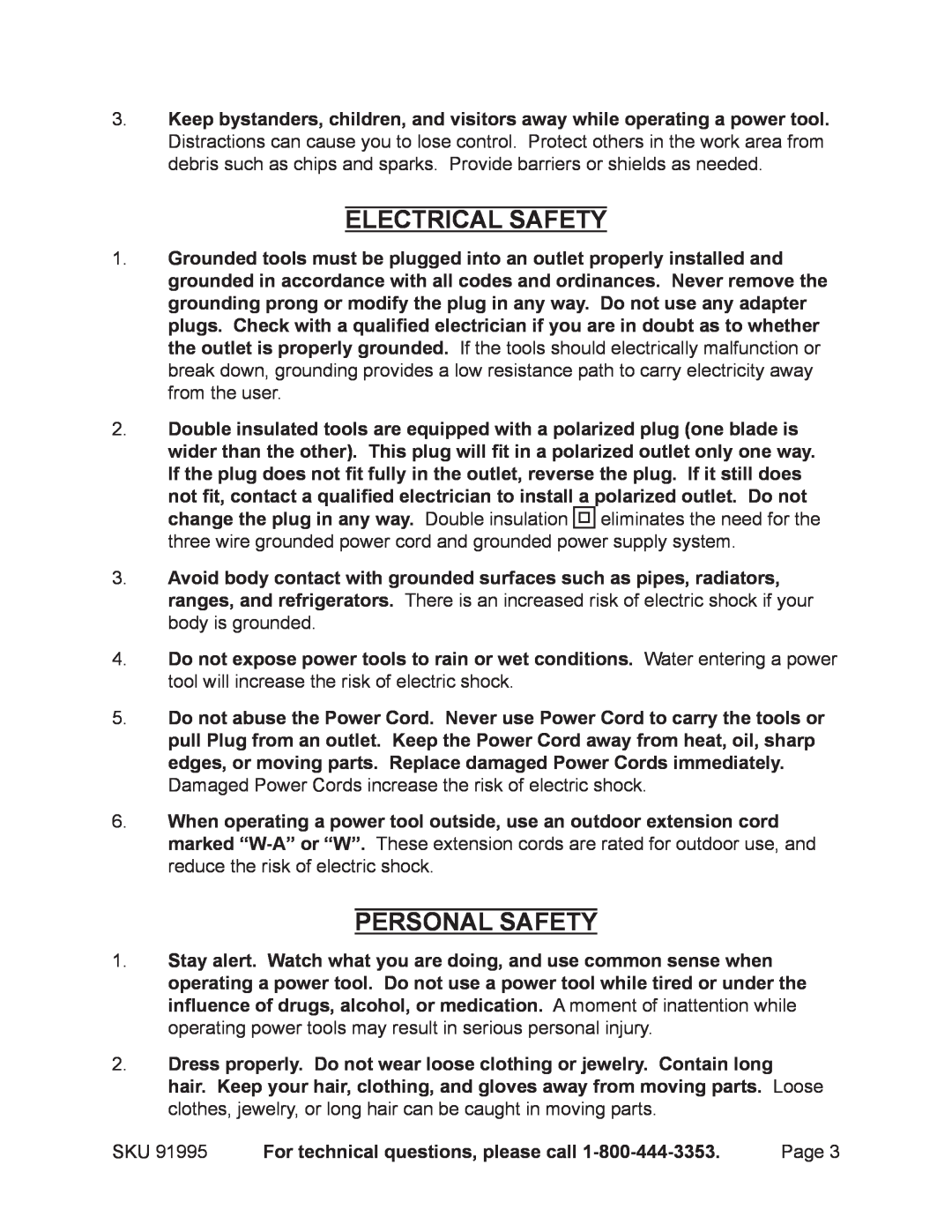 Chicago Electric 91995 operating instructions Electrical Safety, Personal Safety, For technical questions, please call 