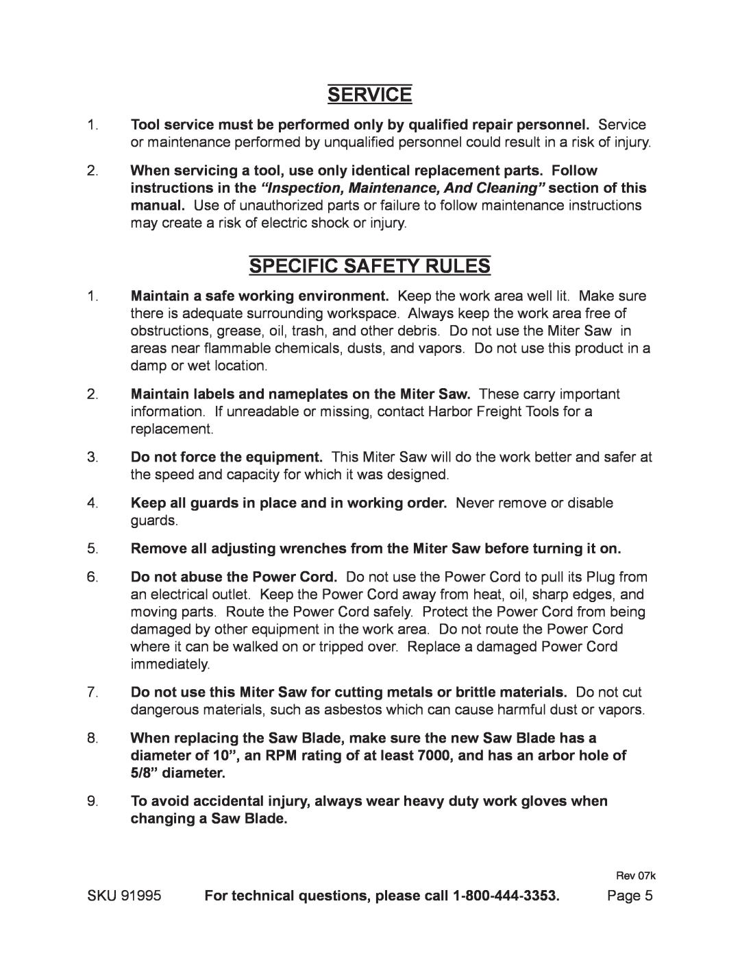 Chicago Electric 91995 operating instructions Service, Specific Safety Rules, For technical questions, please call 