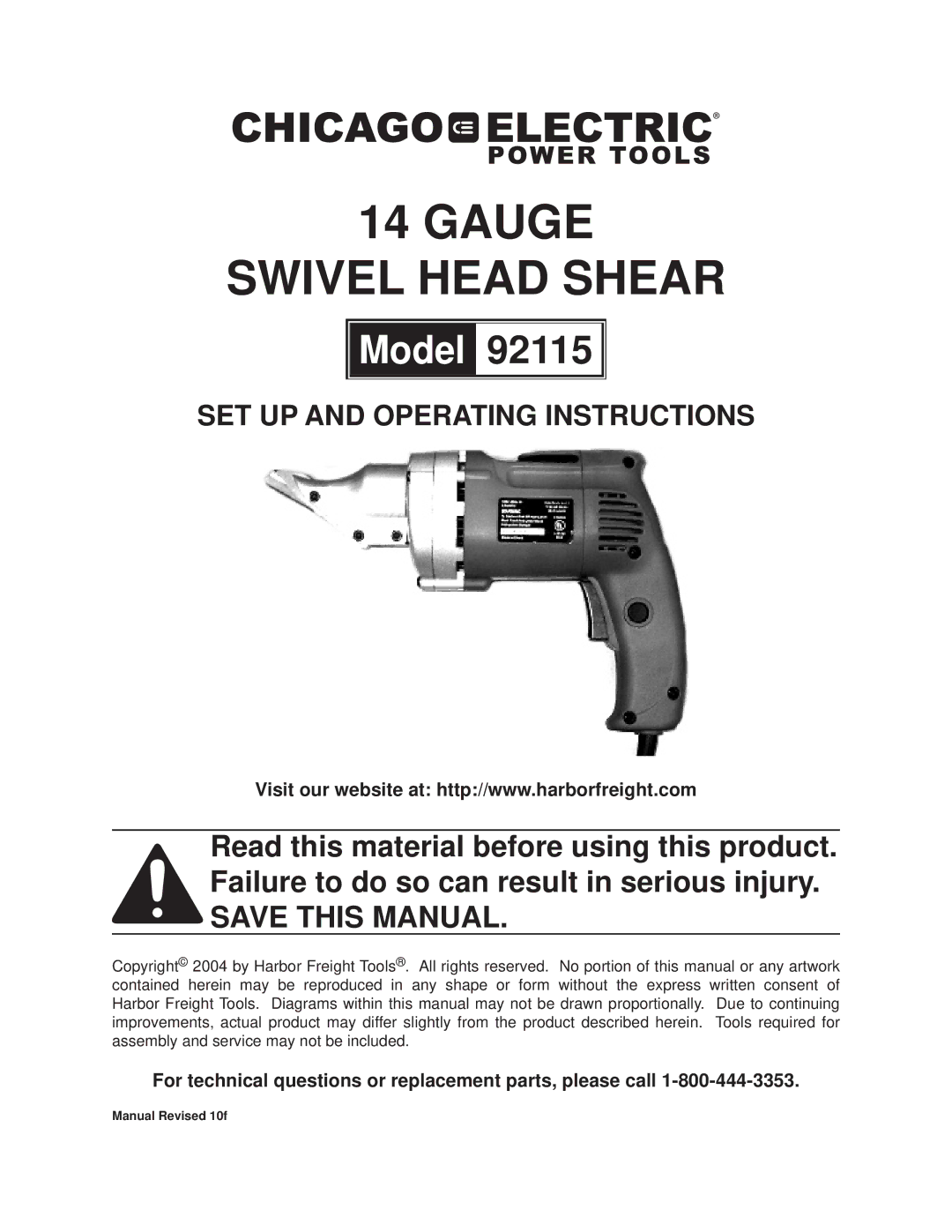 Chicago Electric 92115 operating instructions Gauge Swivel Head Shear 