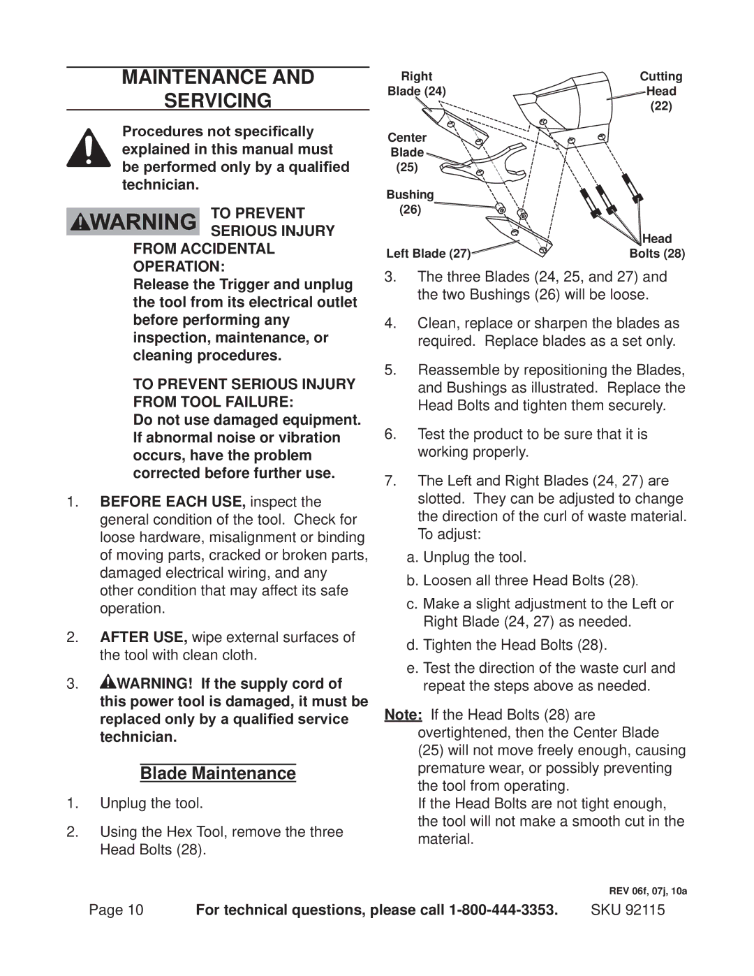 Chicago Electric 92115 operating instructions Maintenance Servicing, Blade Maintenance 