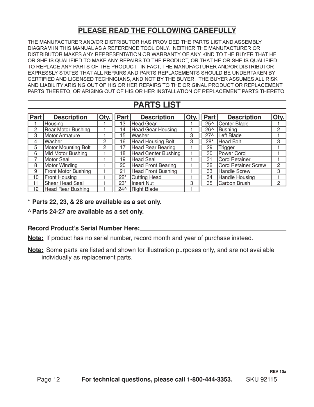 Chicago Electric 92115 operating instructions Parts List, Part Description Qty 