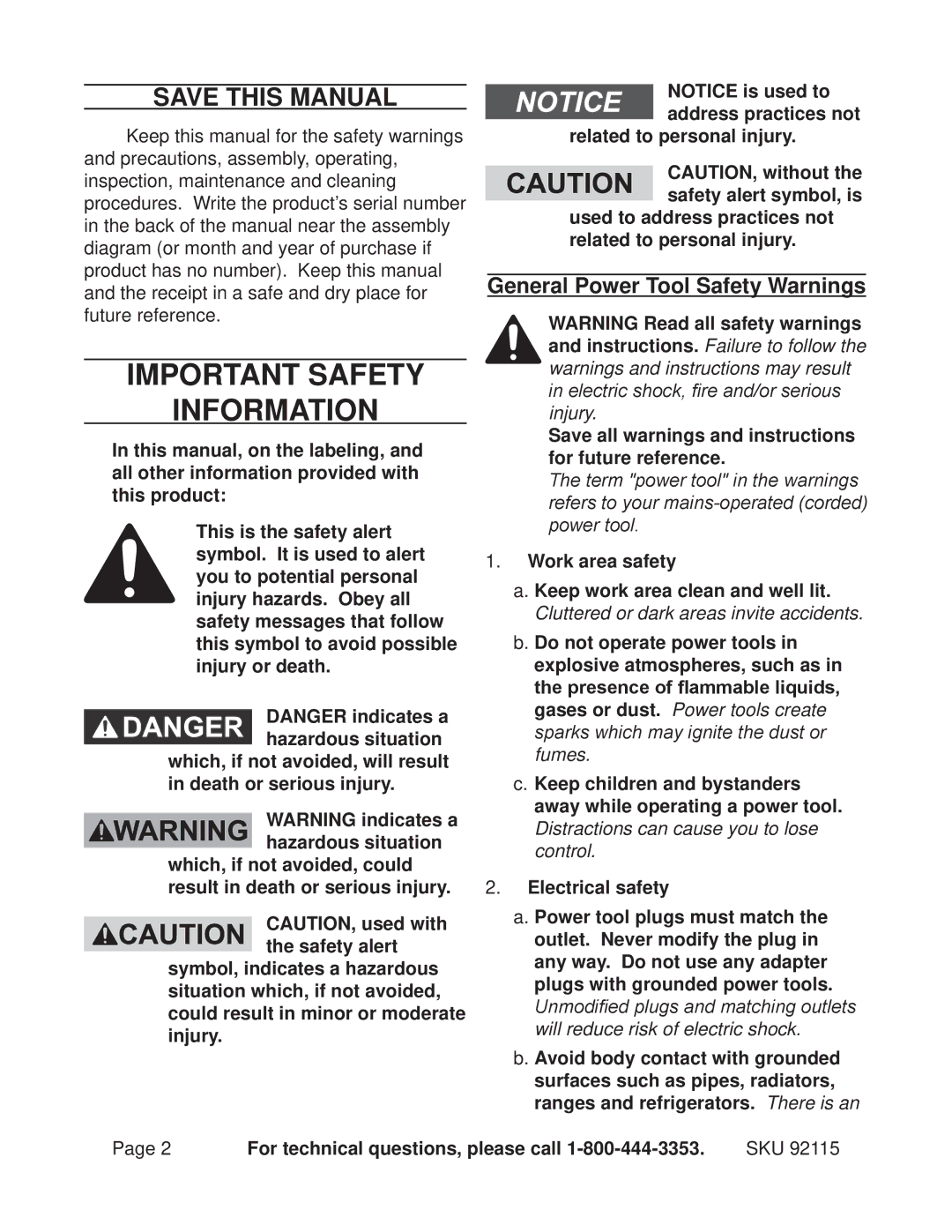 Chicago Electric 92115 operating instructions Save This Manual, General Power Tool Safety Warnings 