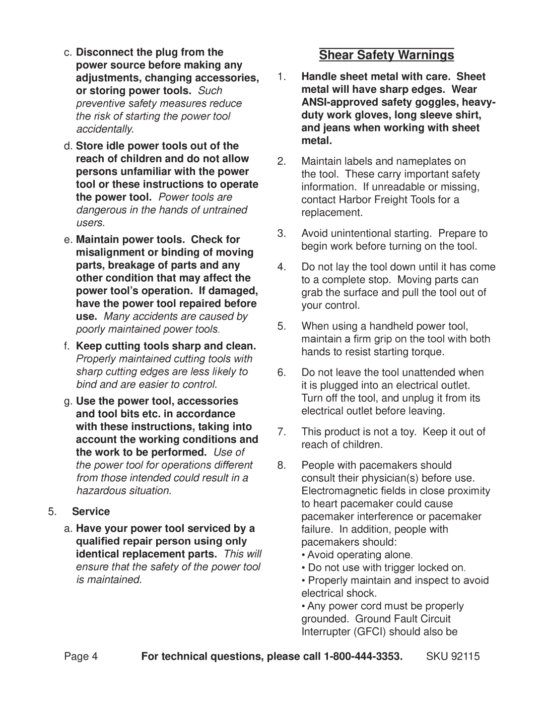 Chicago Electric 92115 operating instructions Shear Safety Warnings 