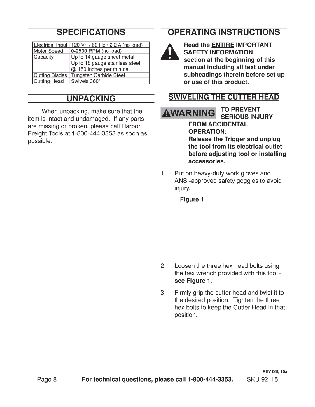 Chicago Electric 92115 operating instructions Specifications, Unpacking, Operating Instructions 