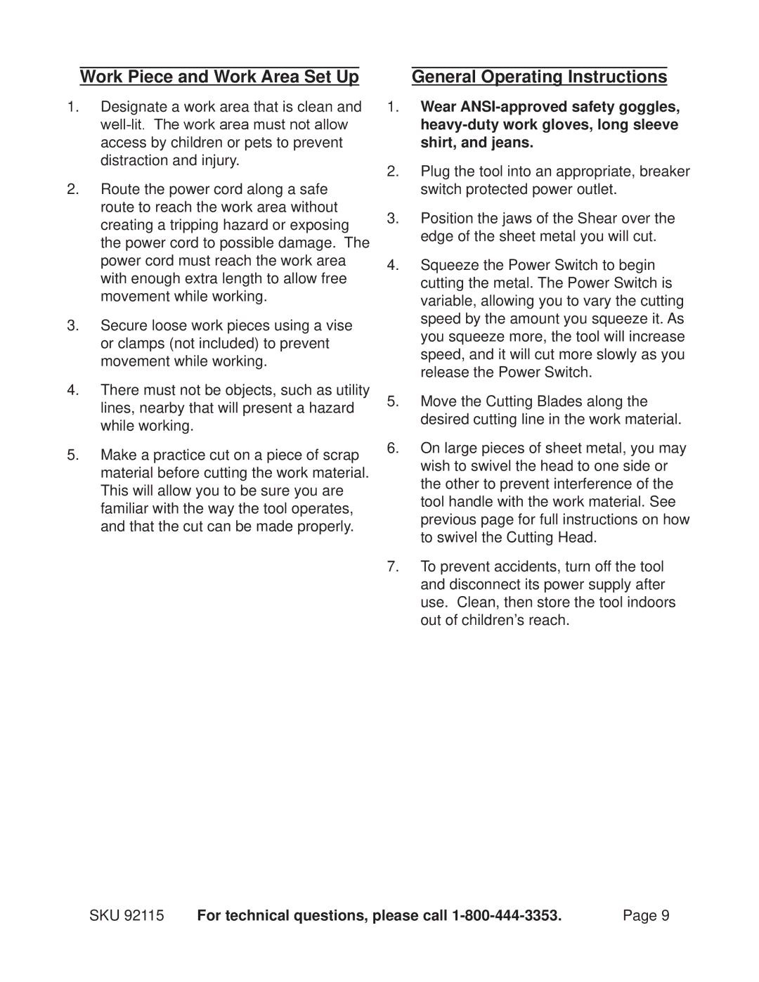 Chicago Electric 92115 operating instructions Work Piece and Work Area Set Up, General Operating Instructions 