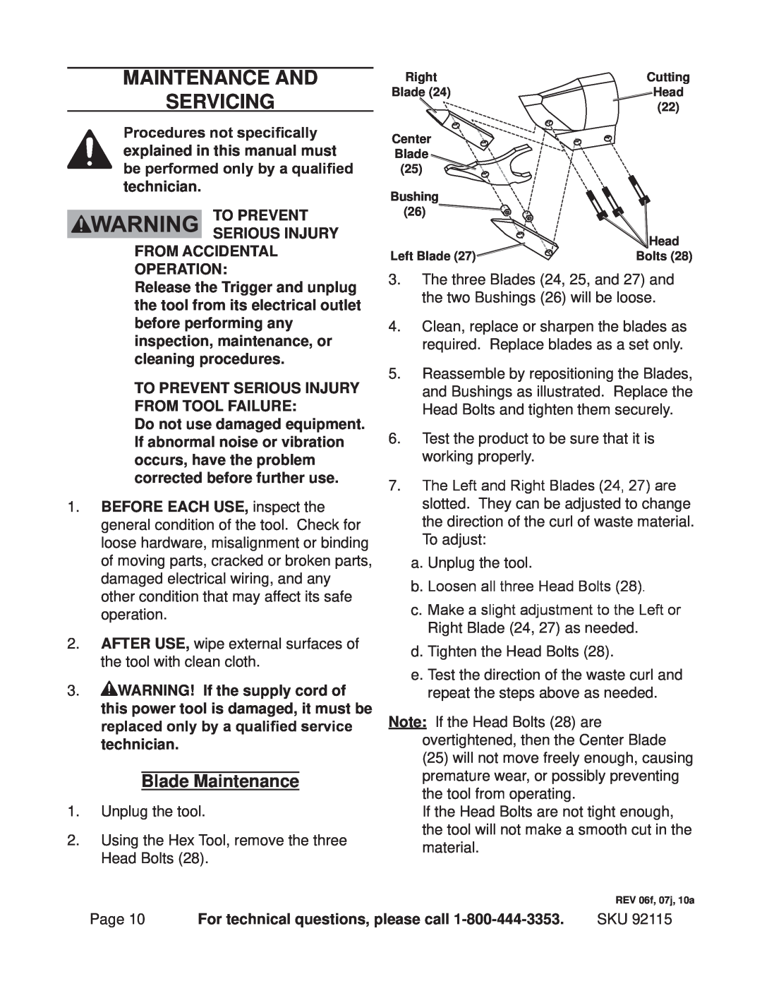 Chicago Electric 92115 operating instructions Maintenance And Servicing, Blade Maintenance 