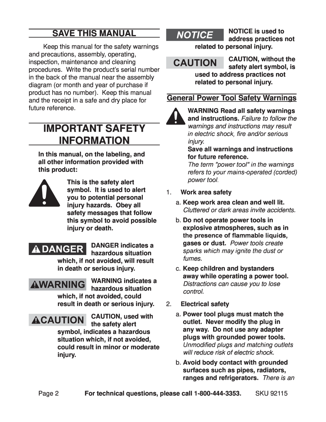 Chicago Electric 92115 Important SAFETY Information, Save This Manual, General Power Tool Safety Warnings 