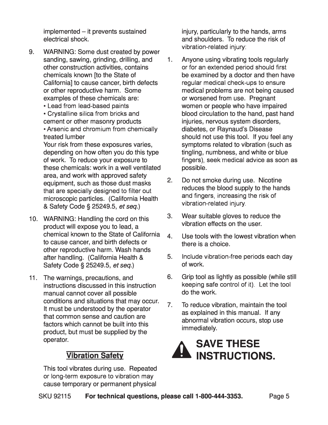 Chicago Electric 92115 operating instructions Save these instructions, Vibration Safety 