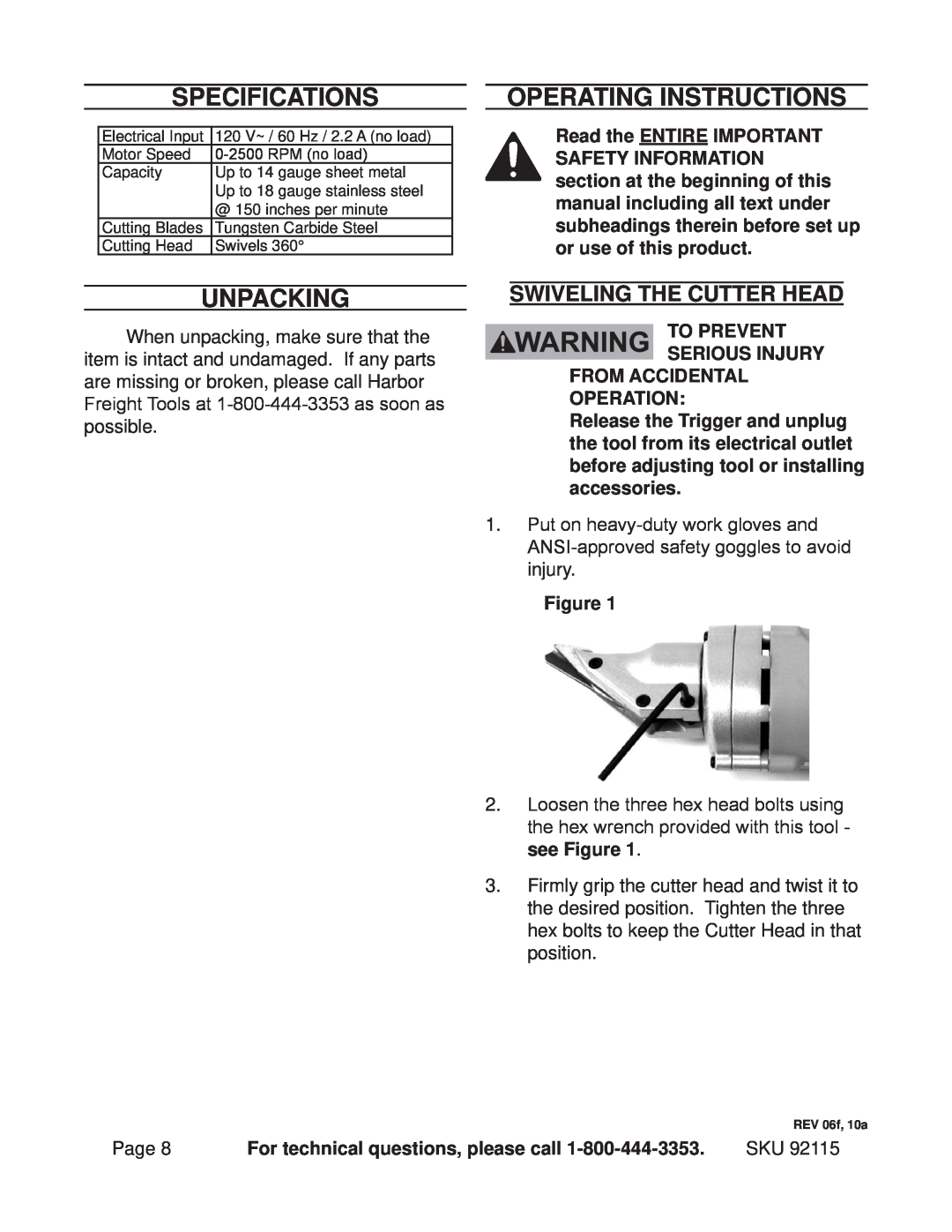 Chicago Electric 92115 operating instructions Specifications, Unpacking, Operating Instructions, Swiveling The Cutter Head 