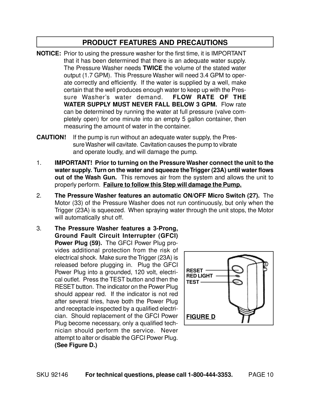 Chicago Electric 92146 manual Product Features and Precautions, See Figure D SKU For technical questions, please call 