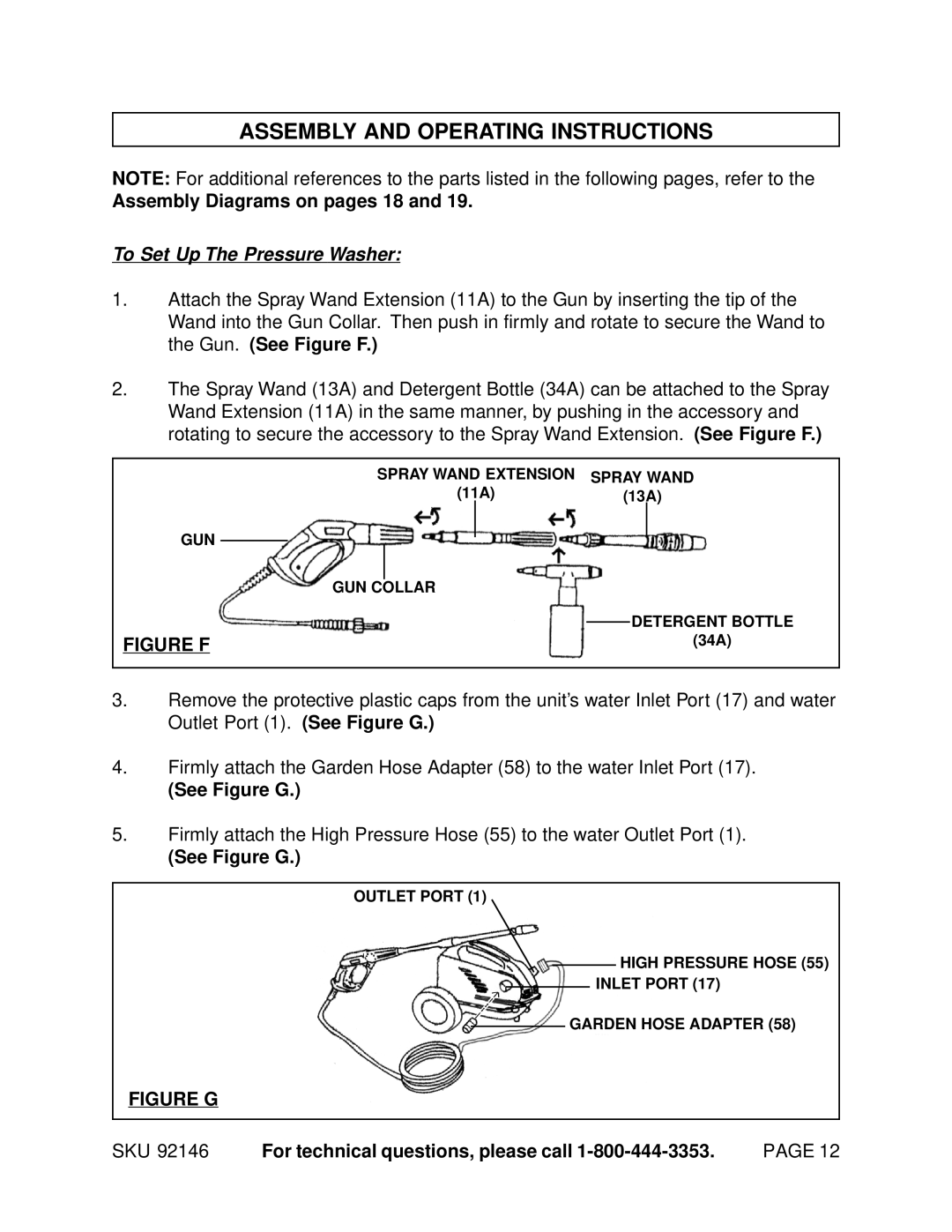 Chicago Electric 92146 Assembly and Operating Instructions, Assembly Diagrams on pages 18, To Set Up The Pressure Washer 