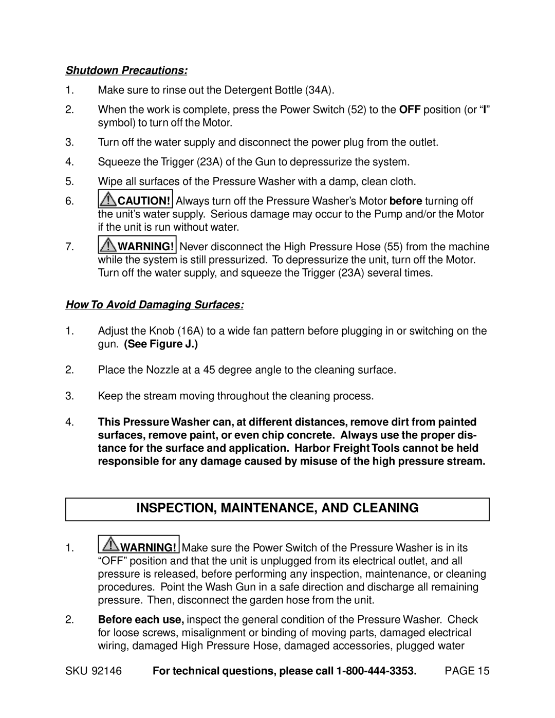 Chicago Electric 92146 manual INSPECTION, MAINTENANCE, and Cleaning, Shutdown Precautions, How To Avoid Damaging Surfaces 