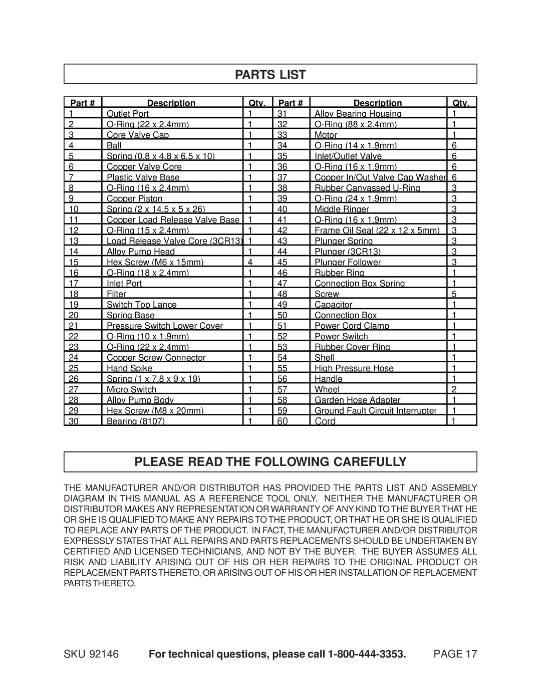 Chicago Electric 92146 manual Parts List, Please Read the Following Carefully 