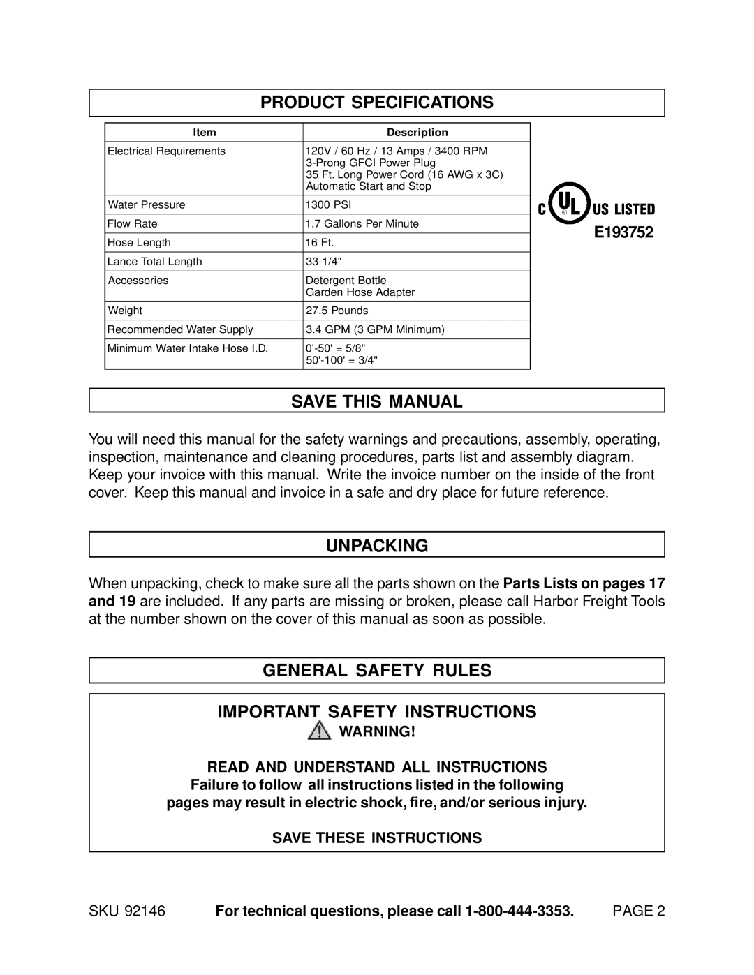 Chicago Electric 92146 manual Product Specifications, Unpacking, General Safety Rules Important Safety Instructions 