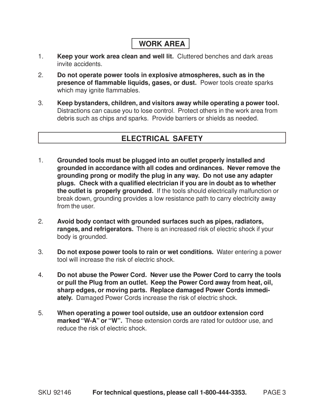 Chicago Electric 92146 manual Work Area, Electrical Safety, SKU For technical questions, please call 