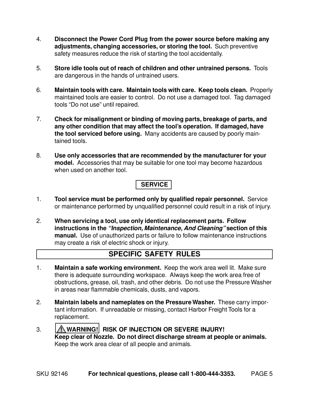 Chicago Electric 92146 manual Specific Safety Rules, Service 