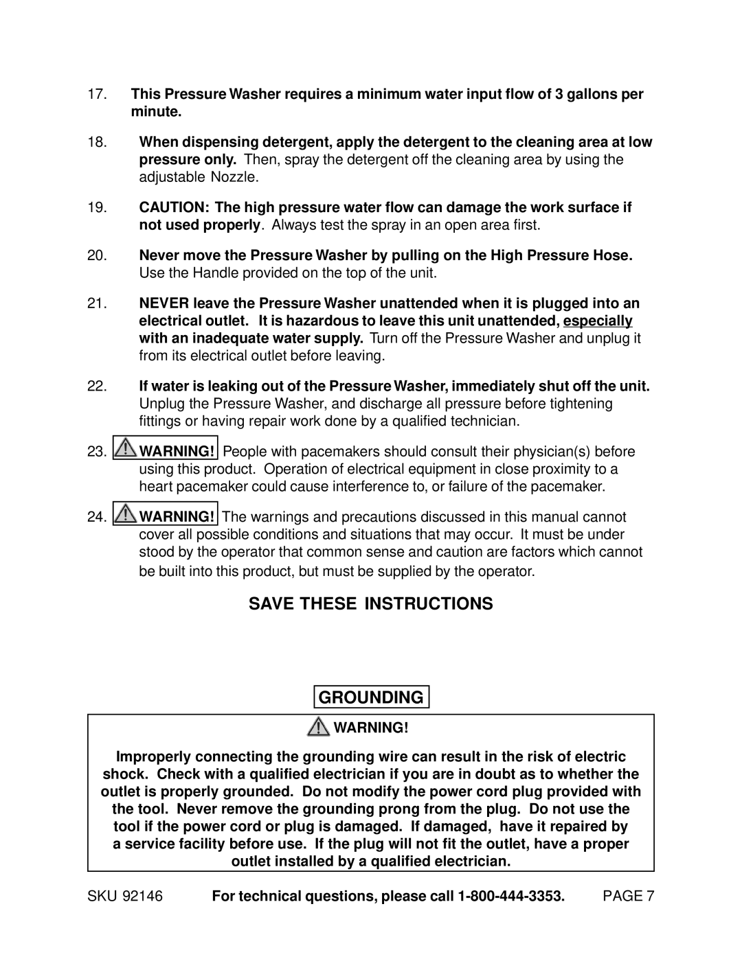 Chicago Electric 92146 manual Grounding 