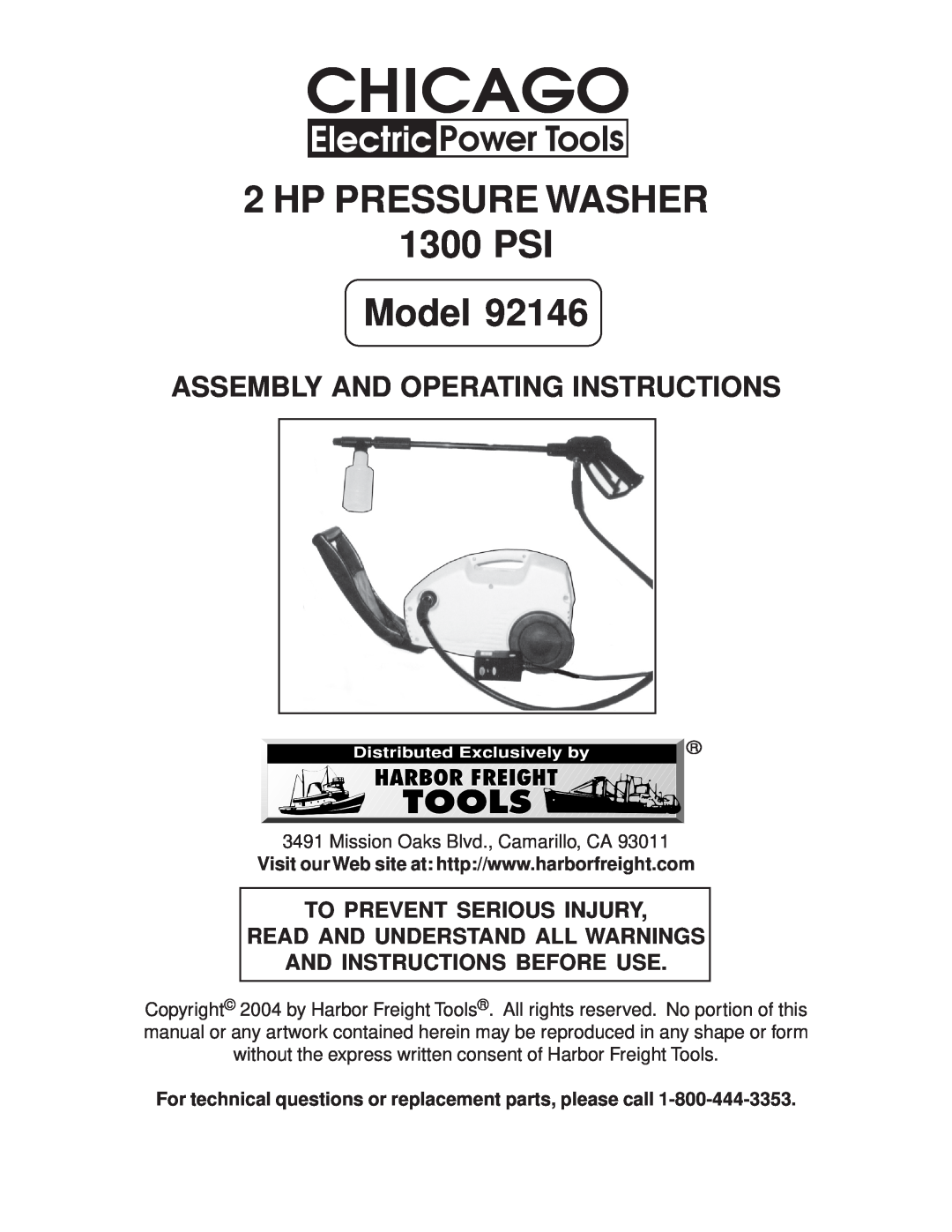 Chicago Electric 92146 manual HP PRESSURE WASHER 1300 PSI Model, And Instructions Before Use 