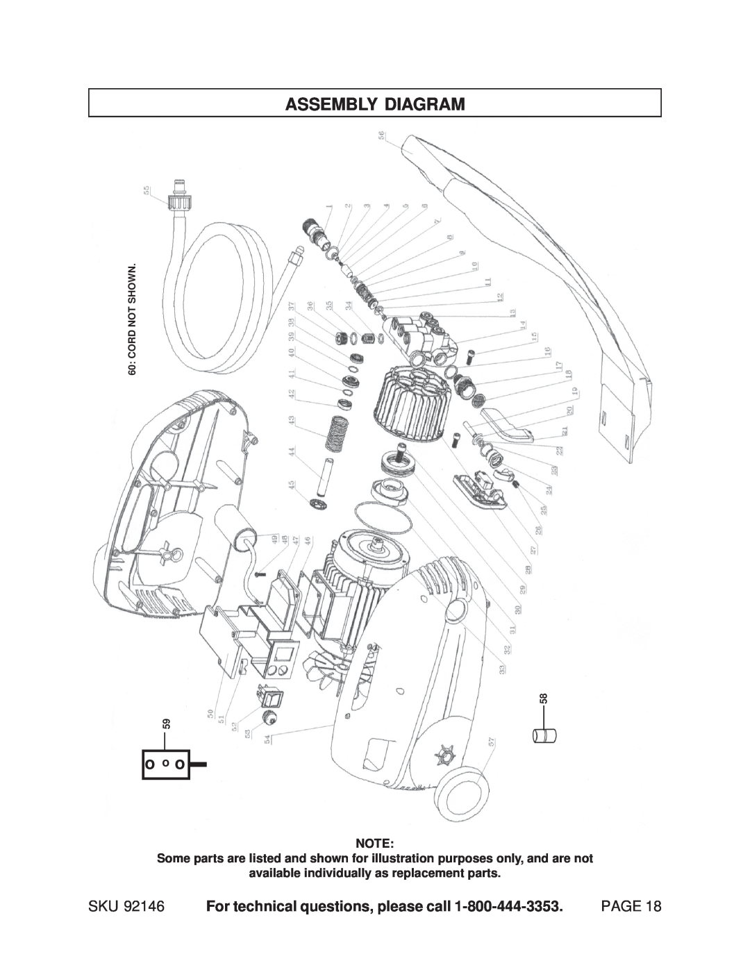 Chicago Electric 92146 manual Assembly Diagram, o o o, For technical questions, please call, Page, Cord Not Shown 