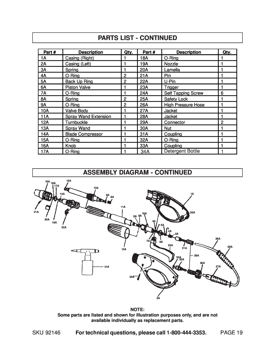 Chicago Electric 92146 Parts List - Continued, Assembly Diagram - Continued, For technical questions, please call, Page 