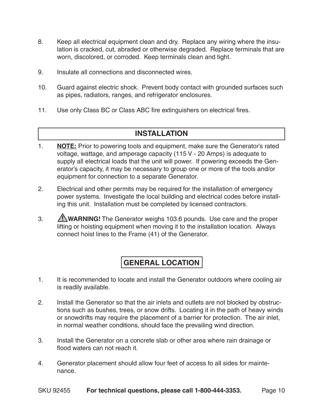 Chicago Electric 92455 manual Installation, General Location 