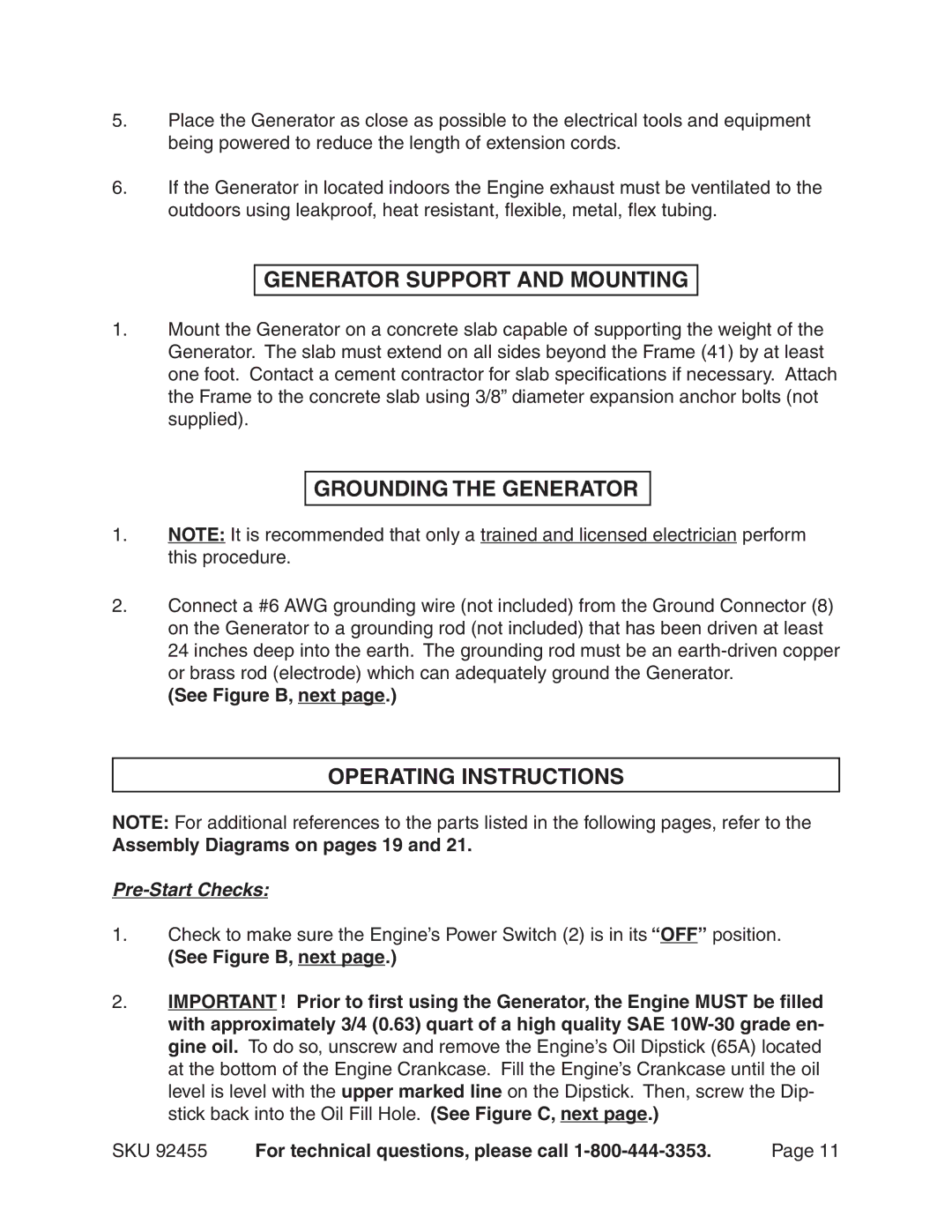 Chicago Electric 92455 Generator Support and Mounting, Grounding the Generator, Operating Instructions, See Figure B, next 