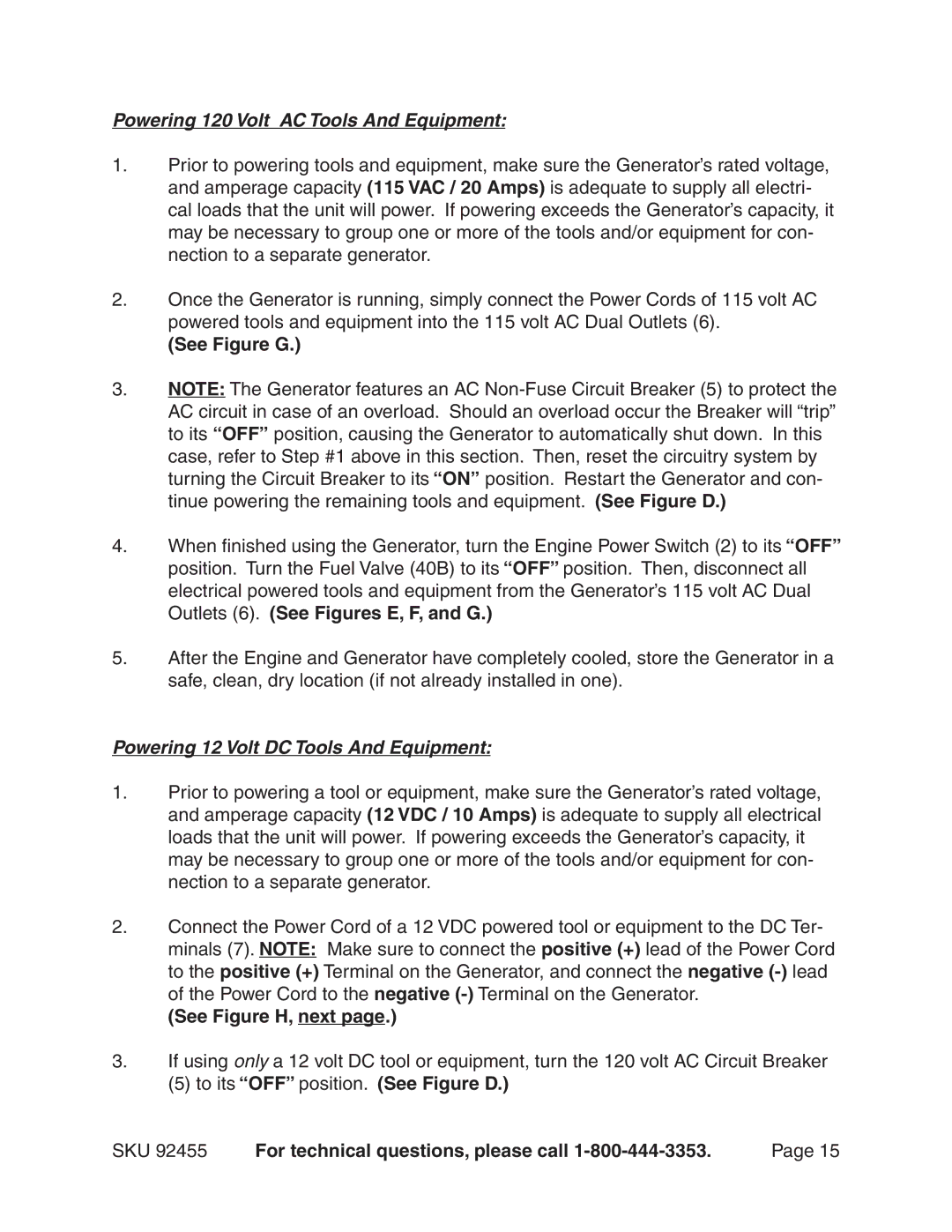 Chicago Electric 92455 manual Powering 120 Volt AC Tools And Equipment, See Figure H, next 