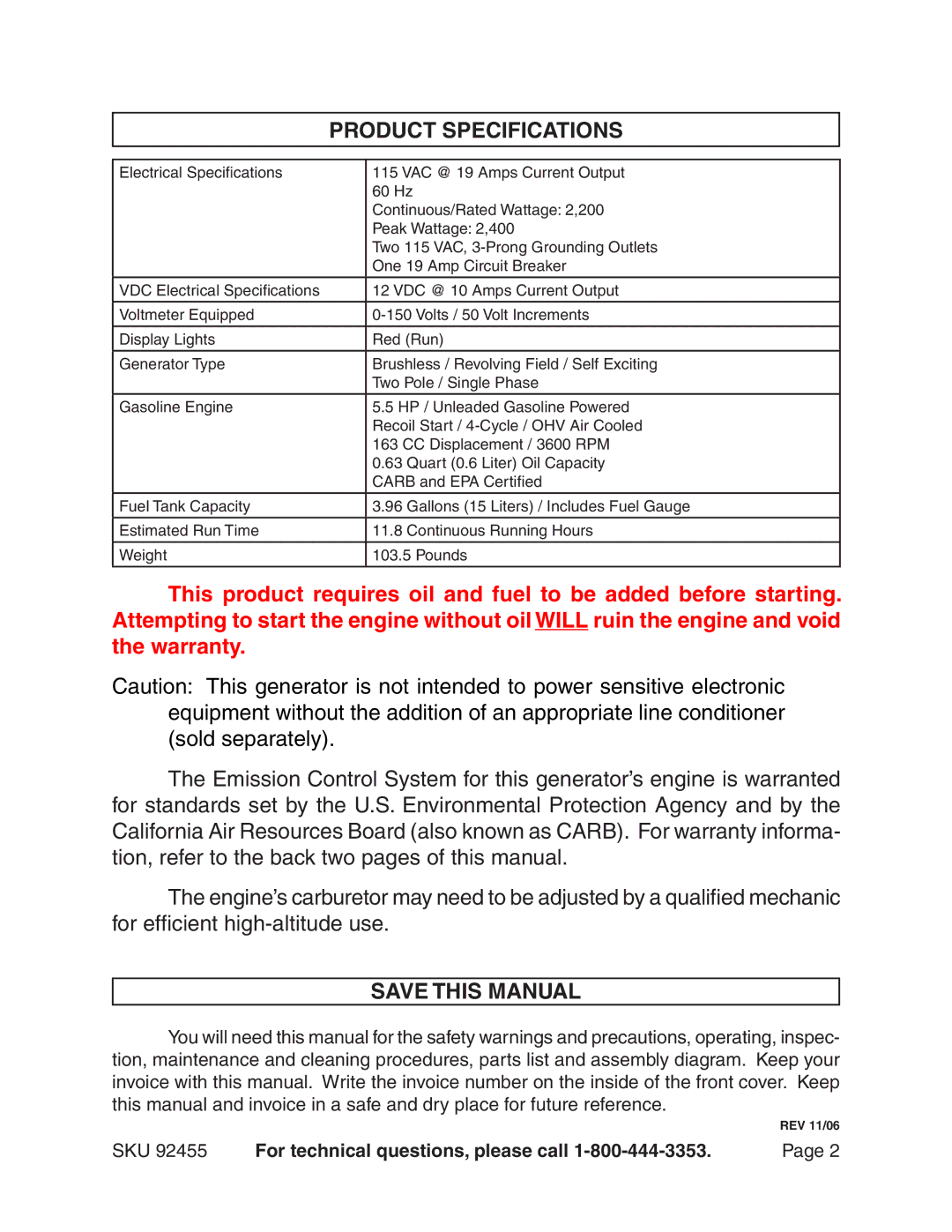 Chicago Electric 92455 manual Product Specifications, Save this Manual, SKU For technical questions, please call 