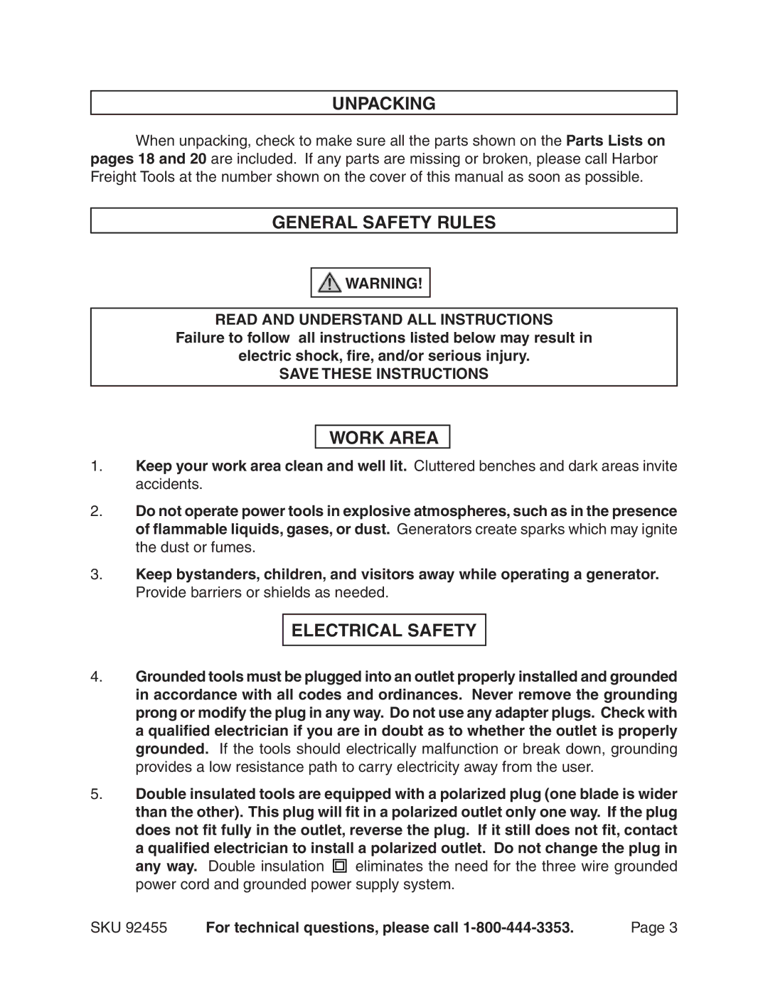 Chicago Electric 92455 Unpacking, General Safety Rules, Work Area, Electrical Safety, Read and Understand ALL Instructions 